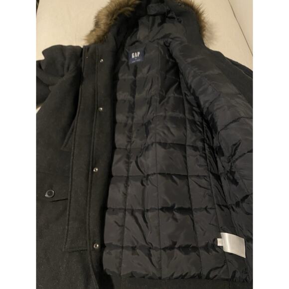 Gap Mens Coat Extra-Large Black Heavy Wool Blend Faux Fur Collar Hooded Jacket - Picture 8 of 16